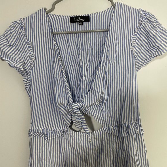 LULUS BLUE WHITE V-Neck Floral Skater Dress Mini Sleeveless - Picture 3 of 8